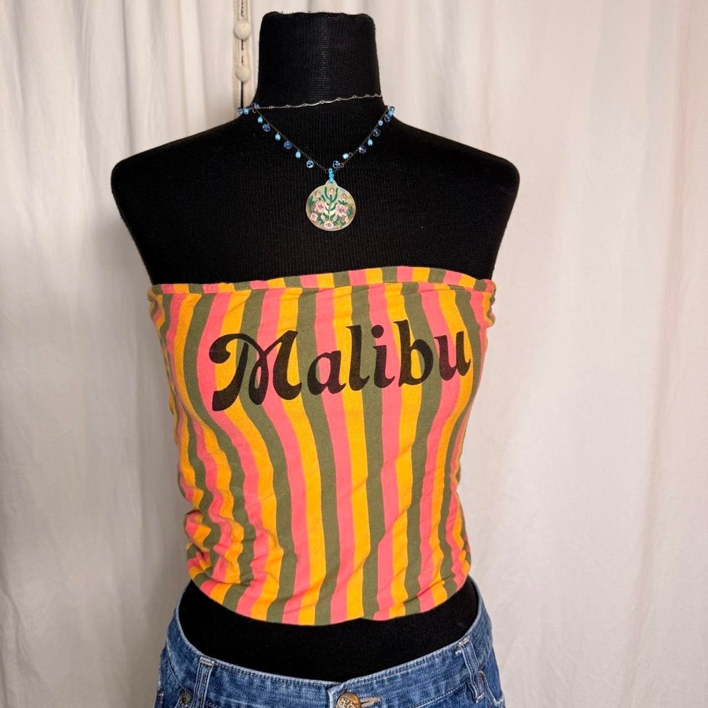 Mighty Fine Malibu Striped Tube Top Pink Yellow Green Y2K Bandeau Large